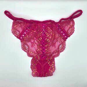 NWT Victoria's Secret Hot Pink and Gold Lace V String Thong 2010 Small